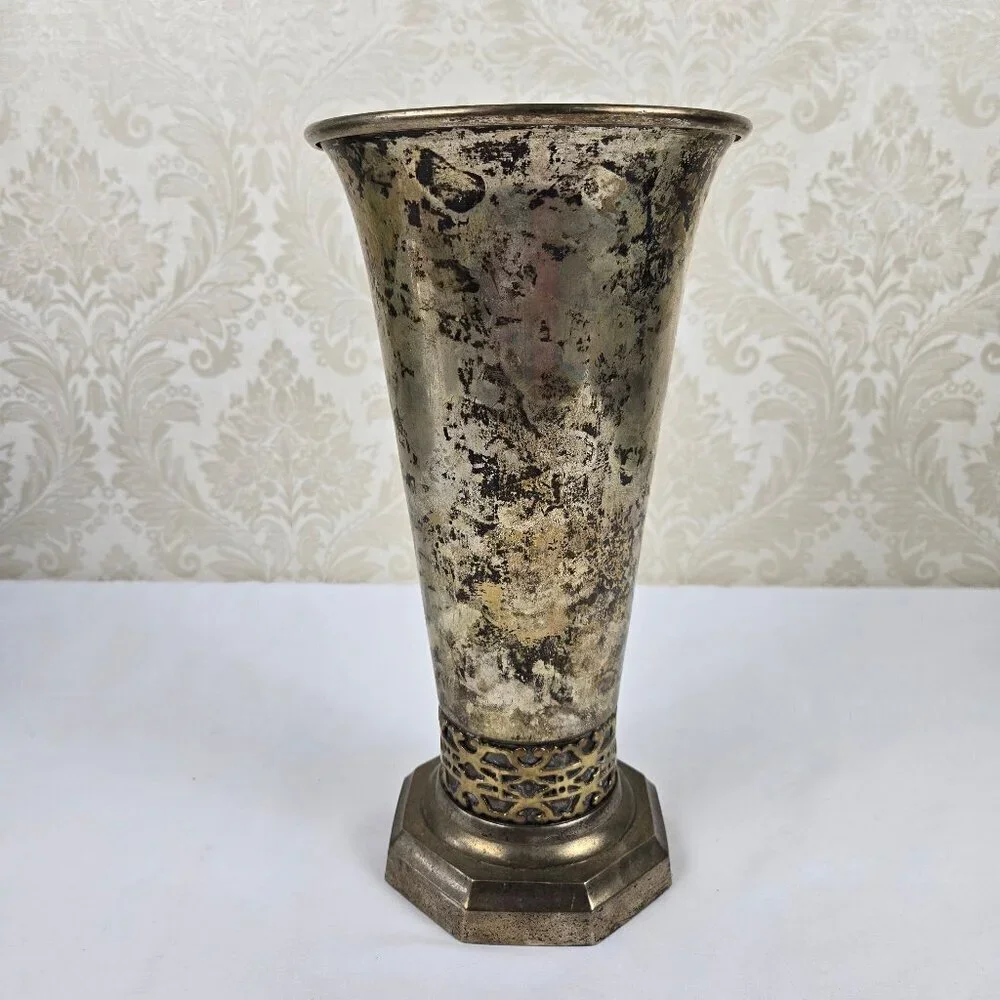 Vintage Bombay Vase Silverplate with Brass Detailing Octagon Shaped Base India